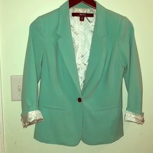 Mint green blazer with adorable polka dot liner